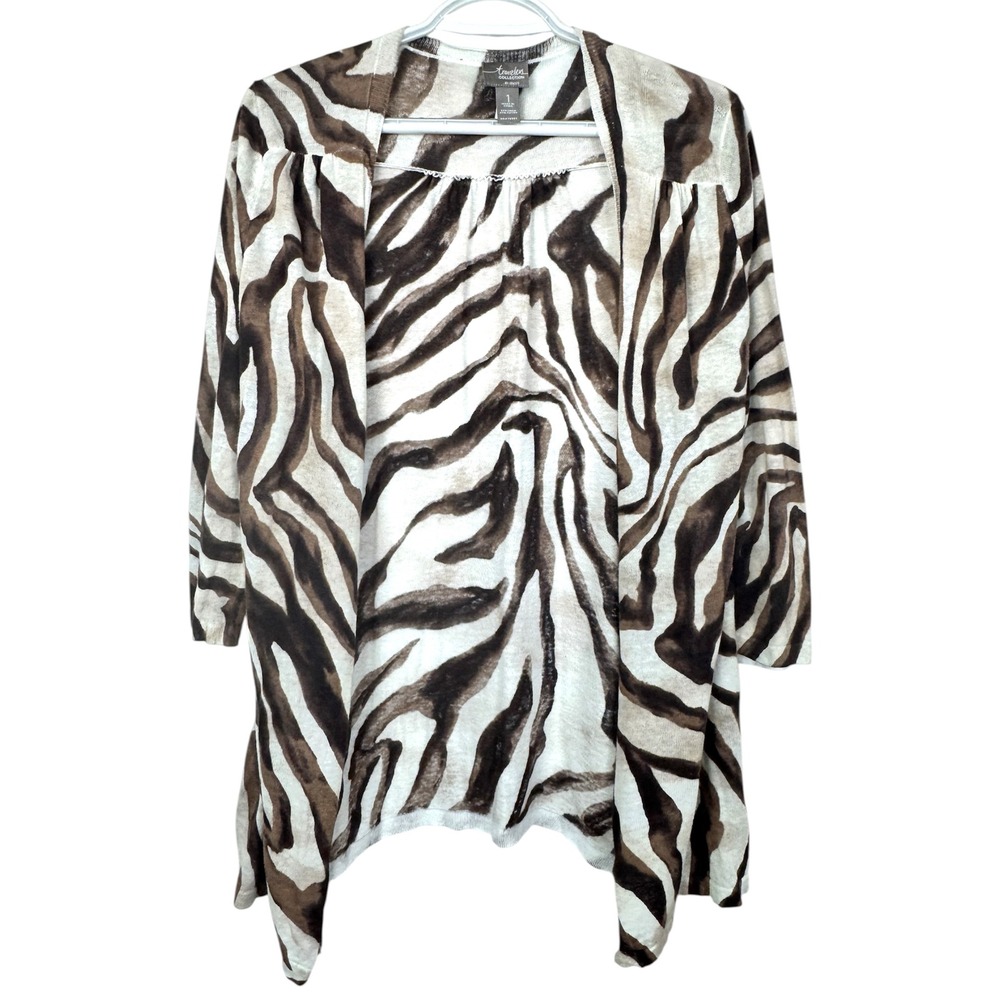 Chicos Travelers Zebra Print Cardigan Brown Cream Linen Cotton Open Front MedIum